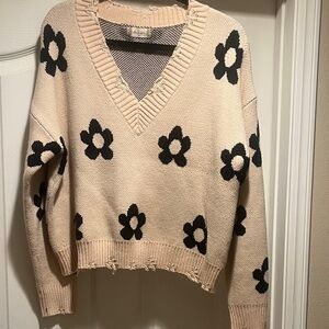 Altar'd State Cream and Black Floral V-Neck Sweater